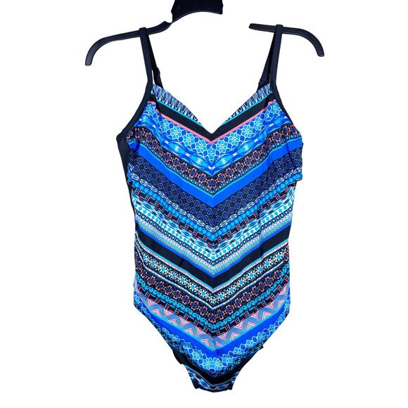 Trimshaper One-Piece Chevron Floral Blue Swimsuit Women's 18 Boho Beach Vacation - Picture 1 of 7
